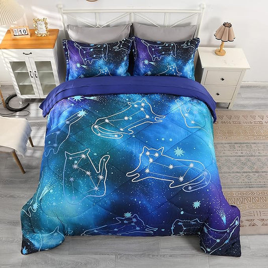 Wowelife Galaxy Bedding Twin Comforter Set for Boys and Girls 5 Pieces Cat Galaxy Comforter Set Outer Space Twin Bedding Set with Sheets Comfortable and Breathable for Kids - LeafyLoom