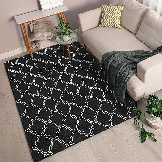 Chicrug Shag Geometric 4x6 Area Rug for Living Room, Large Modern Memory Foam Indoor Carpet, Fluffy Rug for Bedroom Bedside Room Decor for Family Girls Kids Nursery, Black/White - LeafyLoom