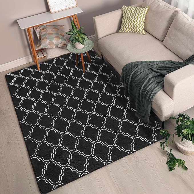 Chicrug Shag Geometric 5x7 Area Rug for Living Room, Large Modern Memory Foam Indoor Carpet, Fluffy Rug for Bedroom Bedside Room Decor for Family Girls Kids Nursery, Black/White - LeafyLoom