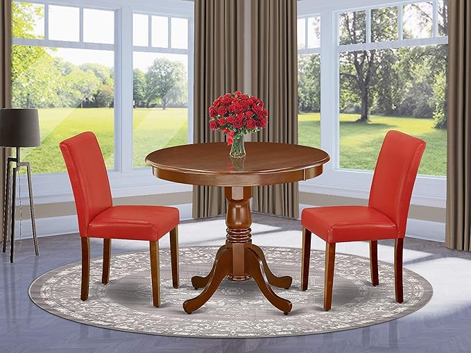 East West Furniture ANAB3-MAH-72 3 Piece Dinette Set for Small Spaces Contains a Round Kitchen Table with Pedestal and 2 Firebrick Red Faux Leather Parsons Chairs, 36x36 Inch - LeafyLoom