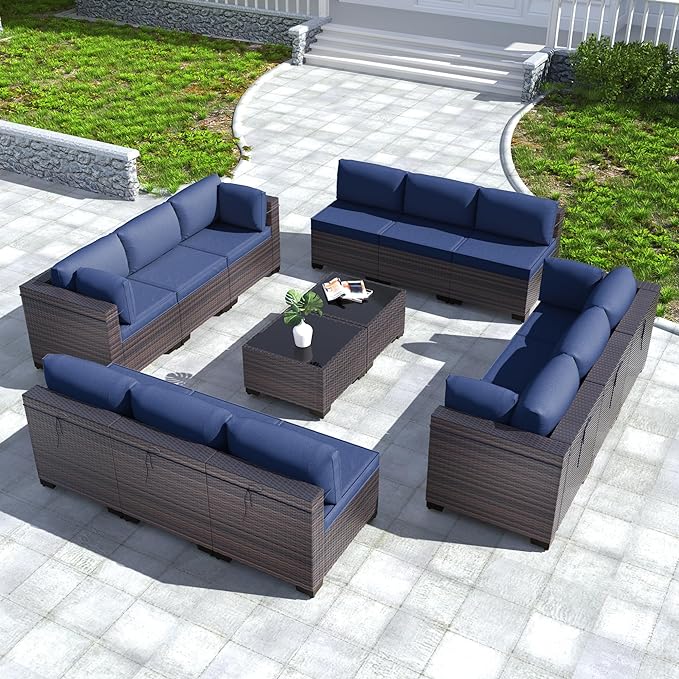 Kullavik 14PCS Outdoor Patio Furniture Set PE Wicker Rattan Sectional Sofa Patio Conversation Sets,Navy blue - LeafyLoom