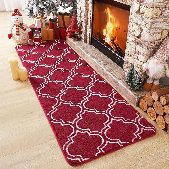 Chicrug Shag Geometric Modern Runner Rug for Bedroom, 2x6 Feet Memory Foam Indoor Hallway Runner Carpet, Fluffy Rug for Living Room Bedside Room Decor for Family, Wine Red/White - LeafyLoom