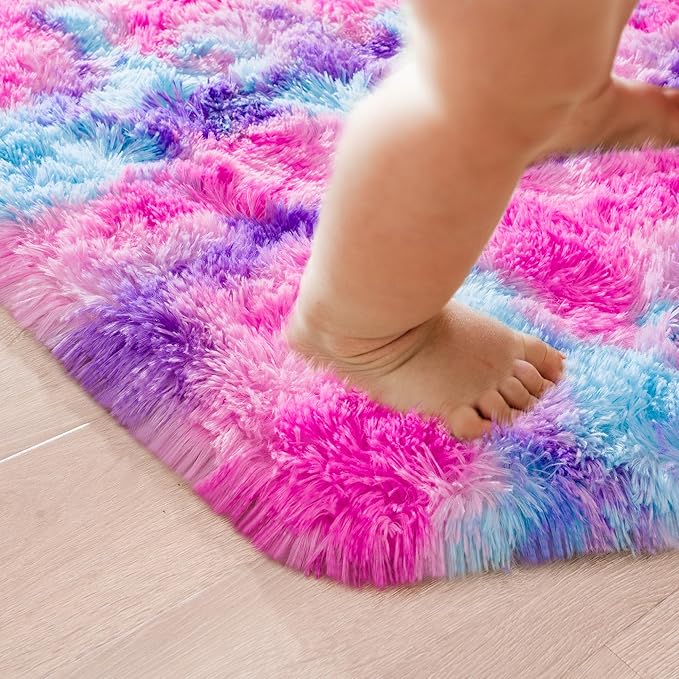 junovo Ultra Soft Hexagon Rug Fluffy Rainbow Nursery Rug for Princess Tent Kids Play Castle, Furry Hexagonal Carpet for Kids Girls Room Playhouse Classroom Dorm Home Decor, 4.6ft Tie-Dye Hot-Pink - LeafyLoom