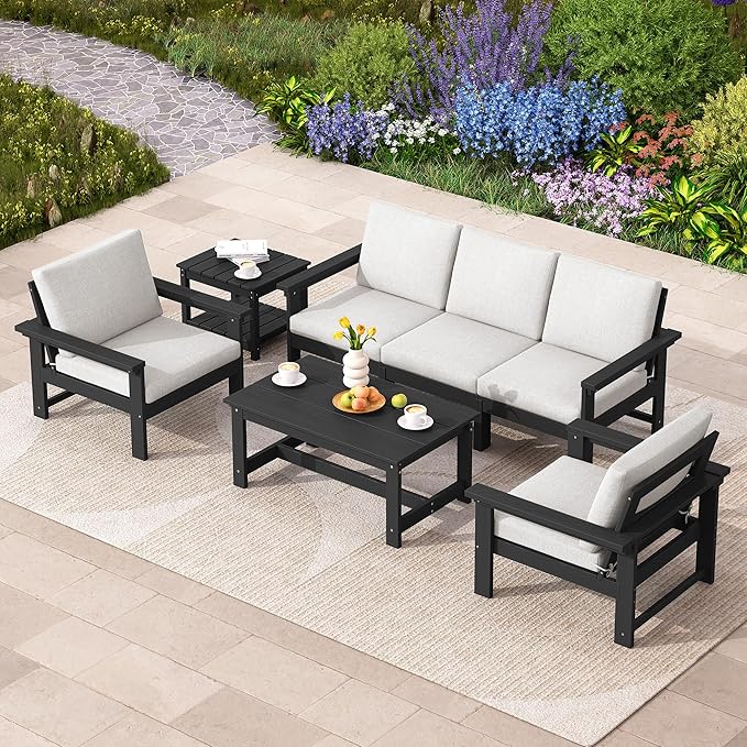 SERWALL HDPE Patio Coversation Set, 7-piece Outdoor Sectional Sofa Set, All Weather Patio Couch Set Patio Furniture for Balcony, Deck, Black Frame with Khaki Cushion - LeafyLoom