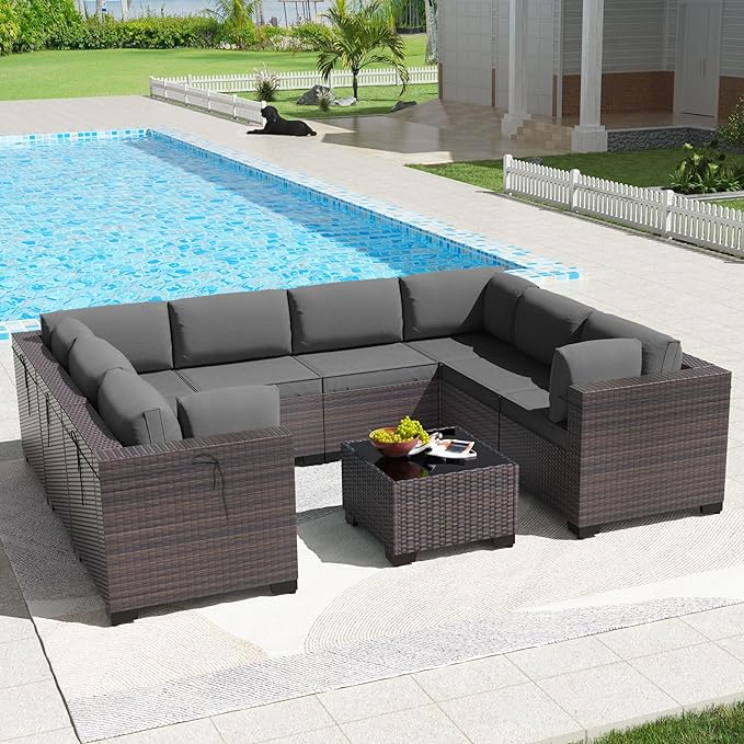 Kullavik 9PCS Outdoor Patio Furniture Set PE Wicker Rattan Sectional Sofa Patio Conversation Sets,Grey - LeafyLoom