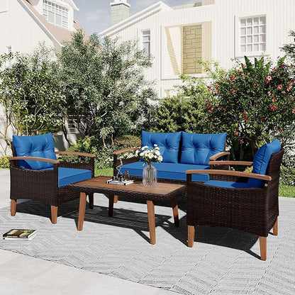 Merax Patio Furniture Sets 4 Pieces, All Weather Outdoor PE Rattan Sofa with Wood Table and Legs, for Lawn, Backyard, Poolside or Garden, Blue - LeafyLoom