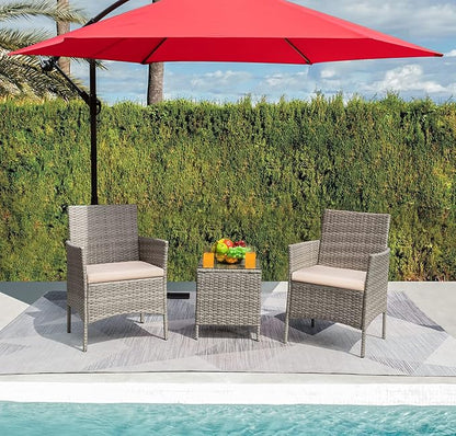 Greesum 3 Pieces Patio Furniture Sets Outdoor PE Rattan Wicker Chairs with Soft Cushion and Glass Coffee Table for Garden Backyard Porch Poolside, Gray and Beige - LeafyLoom