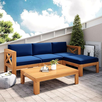 Merax 5 Pieces, Patio Furniture Sets, Solid Wood Sectional Sofa Seating Group with Soft Cushions, for Backyard and Garden, Blue - LeafyLoom