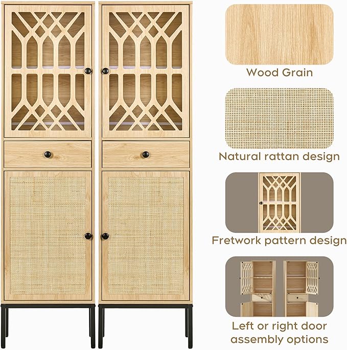 Brafab Set of 2 Tall Cabinet Narrow Storage Linen Cabinet Tall Sideboard Rattan Woven Door Fretwork Pattern Door 1 Drawer - LeafyLoom