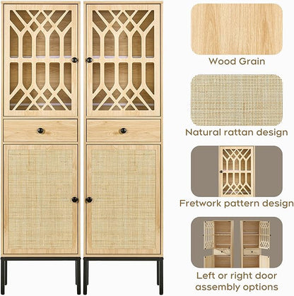 Brafab Set of 2 Tall Cabinet Narrow Storage Linen Cabinet Tall Sideboard Rattan Woven Door Fretwork Pattern Door 1 Drawer - LeafyLoom