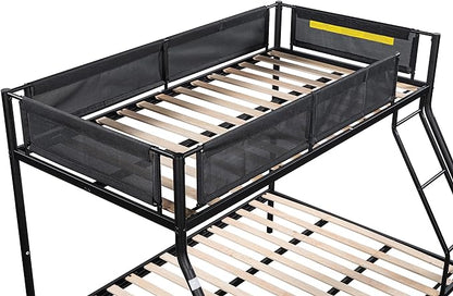 Twin over Full Metal Bunk Bed with Trundle,Sturdy-Metal Bed-Frame,Noise-Free Wood Slats,Comfortable Textilene Guardrail,Space-saving Trundle,Bunk-Bed for Three,No Box Spring Needed,Black - LeafyLoom