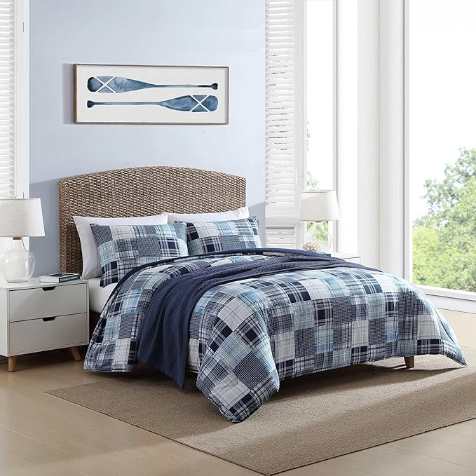 Nautica - Twin Comforter Set, Soft Cotton Bedding with Matching Sham, Patchwork Inspired Home Decor, Dorm Room Essentials (Mason Blue, Twin/Twin XL) - LeafyLoom