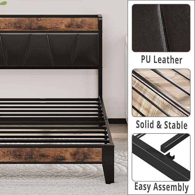 LIKIMIO Twin Bed Frame, Storage Headboard with Charging Station, Solid and Stable, Noise Free, No Box Spring Needed, Easy Assembly (Vintage and Black) - LeafyLoom