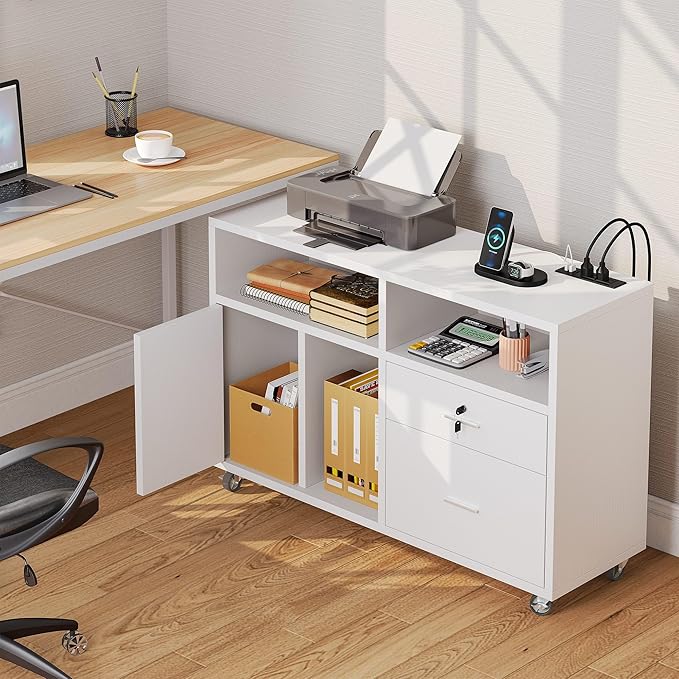 DWVO 2 Drawer File Cabinet with Charging Station, Mobile Filing Cabinet with Lock, White - LeafyLoom