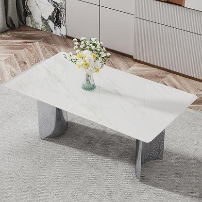 NicBex Modern Minimalist Dining Table White Imitation Marble Glass Desktop is Equipped with Silver Metal Legs Suitable for Restaurants and Living Rooms, White + Silver - LeafyLoom