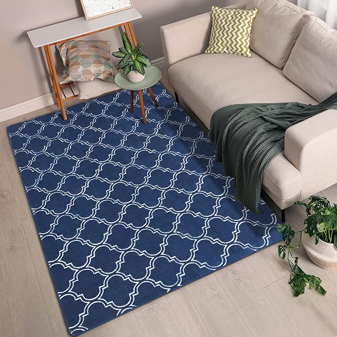 Chicrug Shag Geometric Modern Area Rug for Bedroom, 3x5 Feet Memory Foam Indoor Carpet, Fluffy Rug for Living Room Bedside Room Decor for Family Girls Kids Nursery Play Mat, Navy/White - LeafyLoom