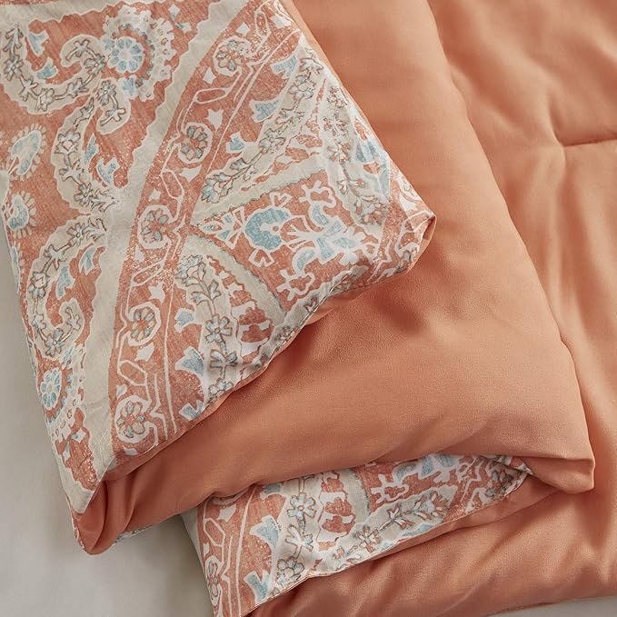 Comfort Spaces Bed in A Bag - Trendy Casual Design Cozy Comforter with Complete Sheet Set with Side Pocket, All Season Cover, Matching Shams, King(104"x90"), Gloria, Damask Coral 9 Piece - LeafyLoom