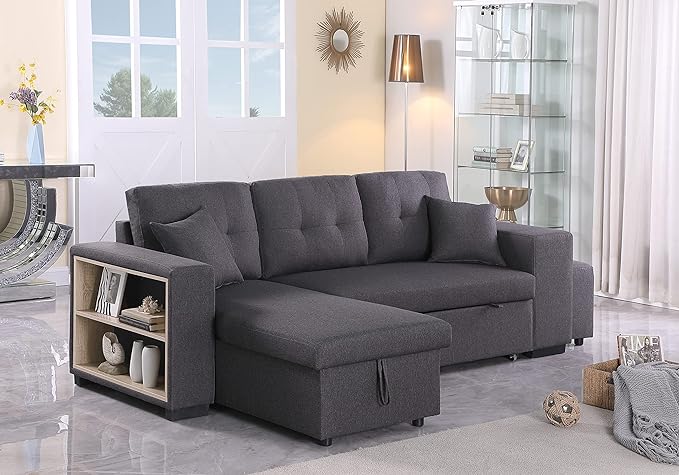 RITSU Reversible Sectional Sofa, Pull Out Loveseat Sleeper Bed Storage Space and 2 Stools, Corner Couch with Side Cabinets, Suitable for Living Room, Apartment Dark Gray, 95.27inch - LeafyLoom