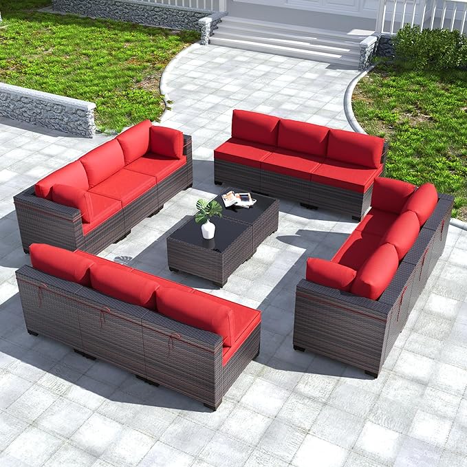 Kullavik 14PCS Outdoor Patio Furniture Set PE Wicker Rattan Sectional Sofa Patio Conversation Sets,Red - LeafyLoom