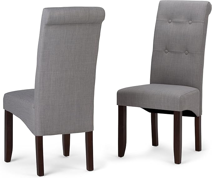 SIMPLIHOME Cosmopolitan Parson Dining Chair (Set of 2), Dove Grey Linen Look Fabric and SOLID WOOD, Square, Upholstered, For the Dining Room, Transitional Modern - LeafyLoom