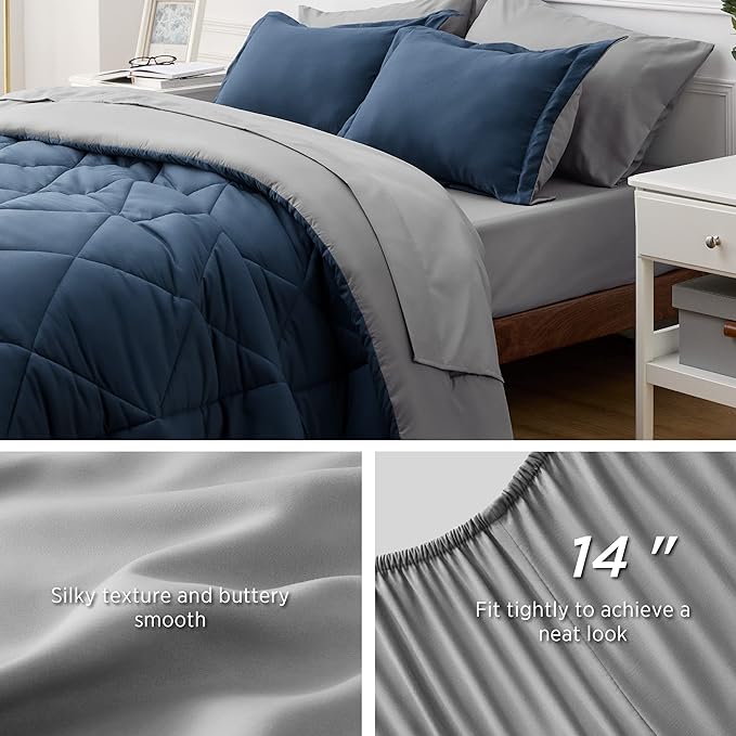 Bedsure Navy Bed Sets Twin - 5 Pieces Reversible Twin Comforter Sets, Twin Bedding Set with Comforters, Sheets, Pillowcase & Sham - LeafyLoom