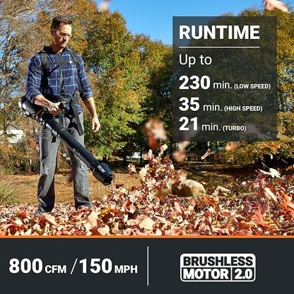 Worx Nitro 80V Cordless Leaf Blower, 800 CFM 150 MPH, Brushless Backpack Electric Leaf Blower WG572, Turbine Fan, Variable Air Control – 4 PowerShare Batteries, Basecamp Charger Included - LeafyLoom