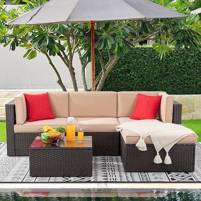 Shintenchi 5 Pieces Patio Furniture Sets Outdoor All-Weather Sectional Patio Sofa Set PE Rattan Manual Weaving Wicker Patio Conversation Set with Glass Table&Ottoman Cushion and Red Pillows - LeafyLoom