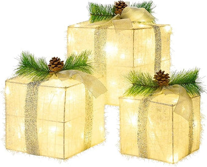 Joiedomi Christmas Lighted Gift Boxes, Christmas Decorations Set of 3, Light up Present Boxes, 60 LED Warm White Lights for Indoor Holiday Décor, Christmas Eve Night Décor Joiedomi