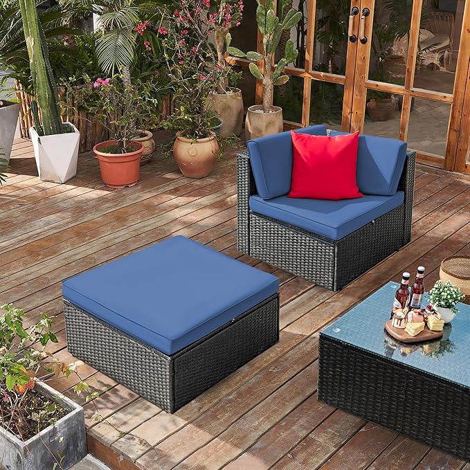 Greesum 3 Piece Patio Conversation Set Wicker Rattan Furniture Outdoor Sofa with Cushions,Pillows & Glass Table for Porch,Lawn and Yard, Dark Blue - LeafyLoom