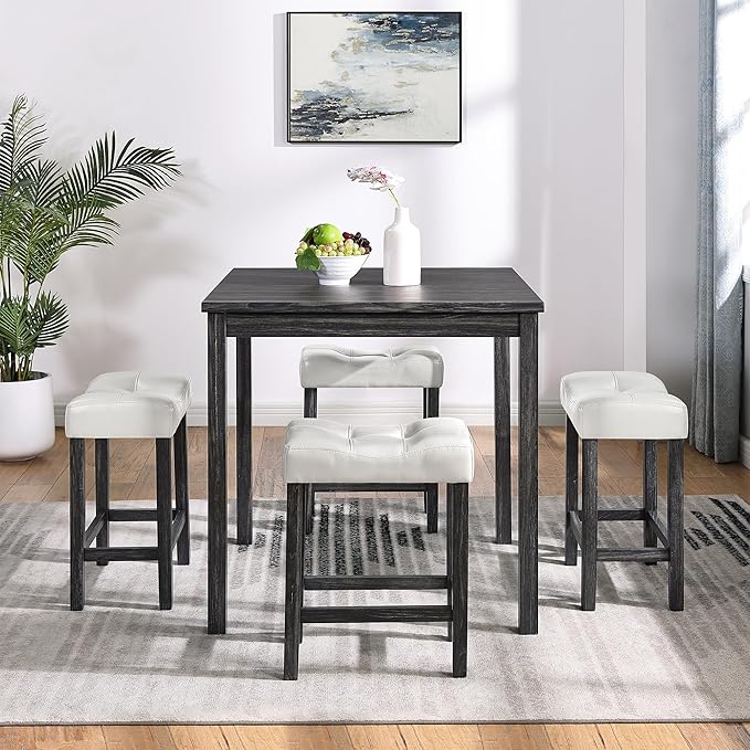 5 Piece Square, Industrial Breakfast Table + 4 Upholstered Stools, Bistro Dining Set, for Living, Small Apartment, Farmhouse, Game Room, Black+White - LeafyLoom