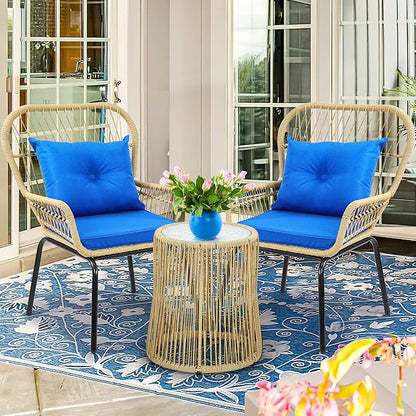 YITAHOME 3-Piece Outdoor Patio Furniture Wicker Bistro Set, All-Weather Rattan Conversation Chairs for Backyard, Balcony and Deck with Soft Cushions, Glass Side Table (Light Brown+Navy Blue) - LeafyLoom