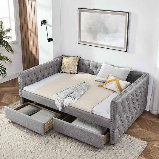 RITSU Full Size Upholstered Daybed, Pull Out with Two Storage Drawers, Solid Wood Frame Sofa Bed, Tufted Buttons and Copper Nails On Square Arms, for Bedrooms, Apartments, 82.75, Grey-2 - LeafyLoom