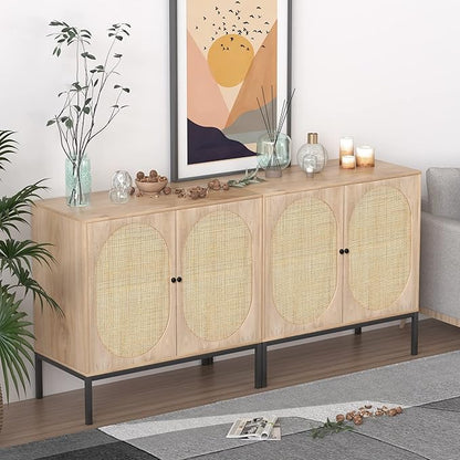 XIAO WEI Sideboard with Handmade Natural Rattan Doors, Rattan Cabinet Console Table Storage Cabinet Buffet Cabinet, for Kitchen, Living Room, Hallway, Entryway, Natural - LeafyLoom