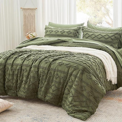 Anluoer Full Comforter Set 7 Pieces, Olive Green Tufted Bed in a Bag with comforters and sheets, All Season Bedding Sets with 1 Comforter, 2 PillowShams, 2 Pillowcases, 1 Flat Sheet, 1 Fitted Sheet - LeafyLoom