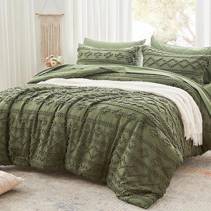 Anluoer King Comforter Set 7 Pieces, Olive Green Tufted Bed in a Bag with comforters and sheets, All Season Bedding Sets with 1 Comforter, 2 PillowShams, 2 Pillowcases, 1 Flat Sheet, 1 Fitted Sheet - LeafyLoom