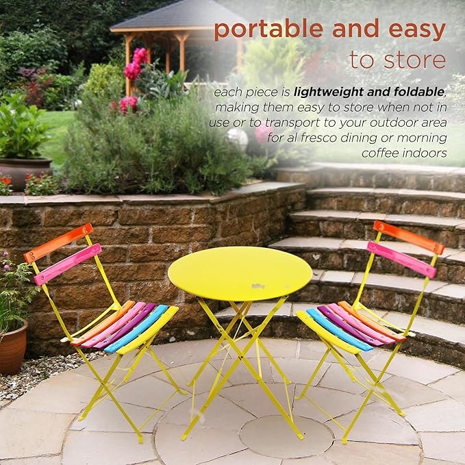 Alpine Corporation MSY114A Rainbow Metal Bistro Set w Two, Table: 24" L x 24" W x 28" H Chair: 16" L 18" W x 32" H - LeafyLoom