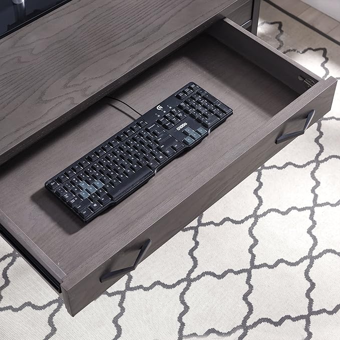 Leick Home 23400 Chisel & Forge Writing Computer Desk with Drop Front Keyboard Drawer, Smoke Gray and Matte Black - LeafyLoom