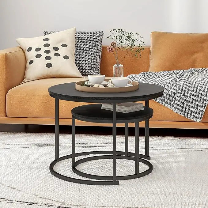 Round Coffee Table Set of 2 End Tables for Living Room,Black Coffee Table Nesting Tables,Living Room Table Wooden Accent Furniture Metal Frame,Sturdy Stacking Side Tables,Easy Assembly - LeafyLoom