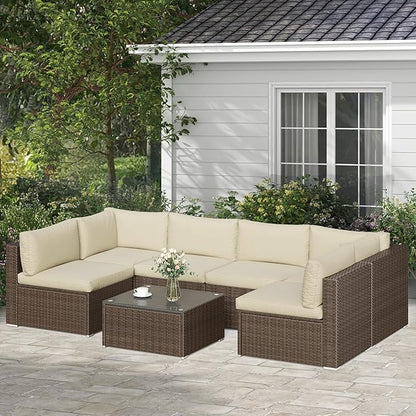 SUNVIVI OUTDOOR 7 Piece Patio Sectional Sofa Outdoor All Weather Brown PE Wicker Furniture Set, Paito Conversation Sofa Set with Glass Table, Removable Beige Cushions - LeafyLoom