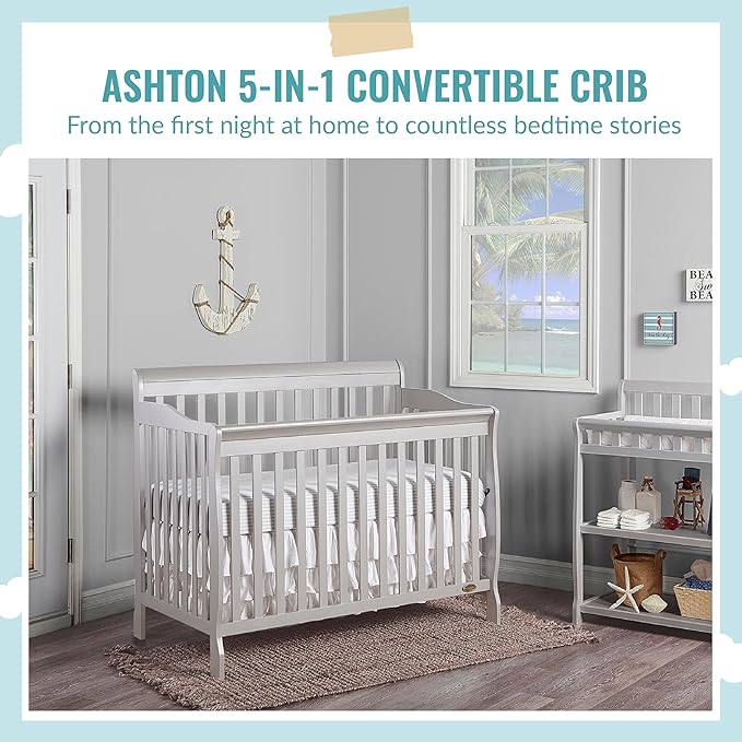 Ashton 4-In-1 Convertible Crib In Grey, Greenguard Gold, JPMA Certified, Non-Toxic Finishes, Features 4 Mattress Height Settings, Made Of Solid Pinewood - LeafyLoom