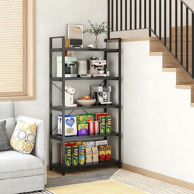 Tall Bookshelf with Large Storage,5 Tier Bookcase in Bedroom,Living Room and Office,Modern Wide Bookcase Shelf for Storing Books/Plants,Black - LeafyLoom