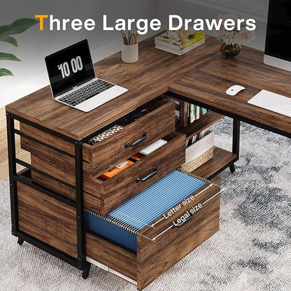 Reversible 53-inch L Shaped Desk with 3 Drawer, Farmhouse Corner Desk Gaming Table with Shelves and File Cabinet for Letter Size & Legal Size File for Home Office and Small Space - LeafyLoom