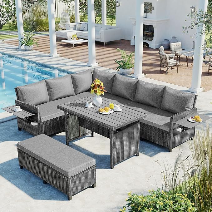 5 Piece Outdoor Furniture Patio Conversation with Dining Table&Bench, Sectional PE Wicker L-Shaped Sofa w/2 Extendable SideTable&Cushions&Washable Covers, Garden Rattan Couch, Gray - LeafyLoom