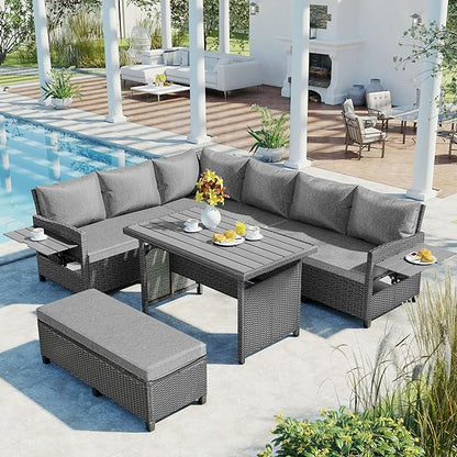 Merax Patio Furniture Sets Outdoor, All Weather Sectional PE Rattan Sofa with 2 Extendable Side, Dining Table and Bench, 5-Piece, Grey - LeafyLoom