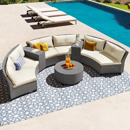 9 Pieces Outdoor Furniture Half Moon Wicker Patio Sets with Coffee Table, All-Weather Fan-Shaped Curved Sectional Sofa Couch with Beige Cushions, Onesize, Gray Rattan - LeafyLoom