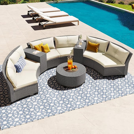 9 Pieces Outdoor Furniture Half Moon Wicker Patio Sets with Coffee Table, All-Weather Fan-Shaped Curved Sectional Sofa Couch with Beige Cushions, Onesize, Gray Rattan - LeafyLoom