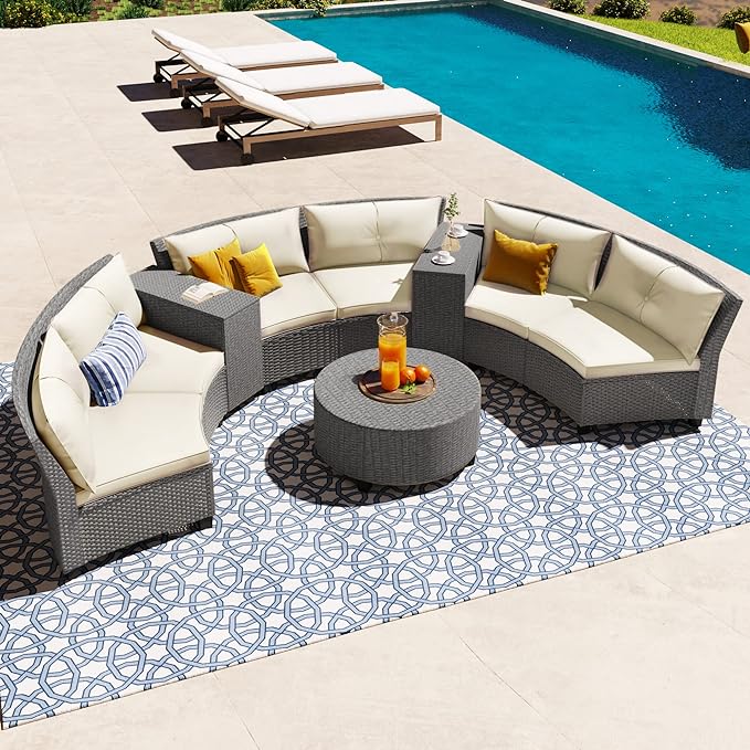 Merax Patio Furniture Sets for 6, Fan-Shaped All Weather Outdoor HDPE Rattan Sofa with Cushions and Table, Suitable for Garden, 9-Piece, Beige - LeafyLoom