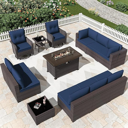 Patio Furniture Sectional Sofa Set 13PCS PE Rattan Swivel Rocking Chairs Patio Conversation Set w/43in Gas Fire Pit Table, Outdoor Furniture with 55000 BTU Propane Fire Pit, Navy Blue - LeafyLoom