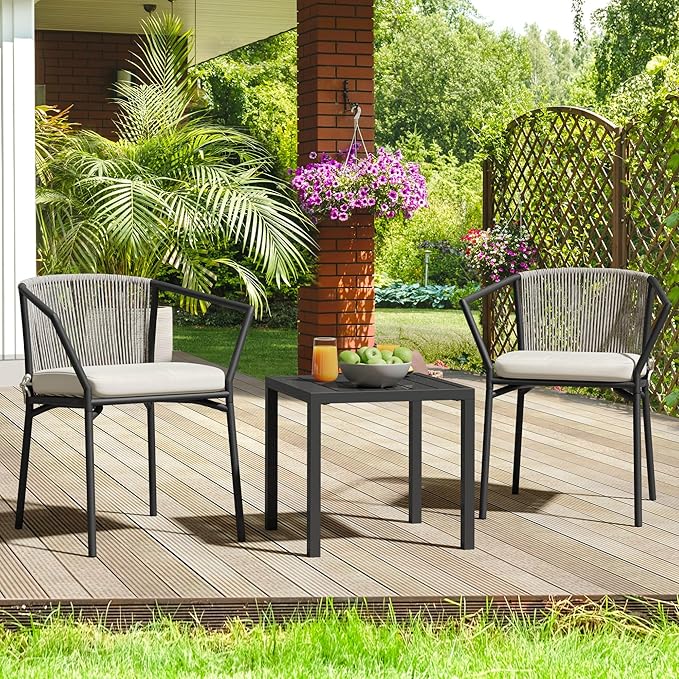 YITAHOME Wicker 3-Piece Outdoor Bistro Set, All-Weather Patio Conversation Set with Stackable Chairs & Table, Outdoor Sectional Furniture Set for Balcony, Backyard, Pool, Porch, Deck - Grayish White - LeafyLoom