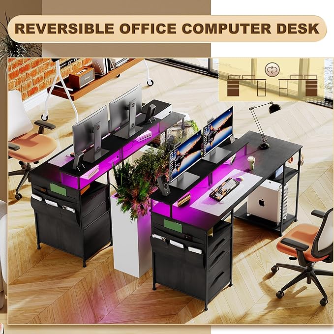 Computer Desk with 3 File Cabinet Drawers, 57.8'' Reversible Gaming Desk with LED Lights and Power Outlets, Office Desk with Storage Shelves and Dual Monitor Stand for Home & Office (Black) - LeafyLoom